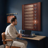 Man working at a desk beside the Floors To Success canvas in a navy study