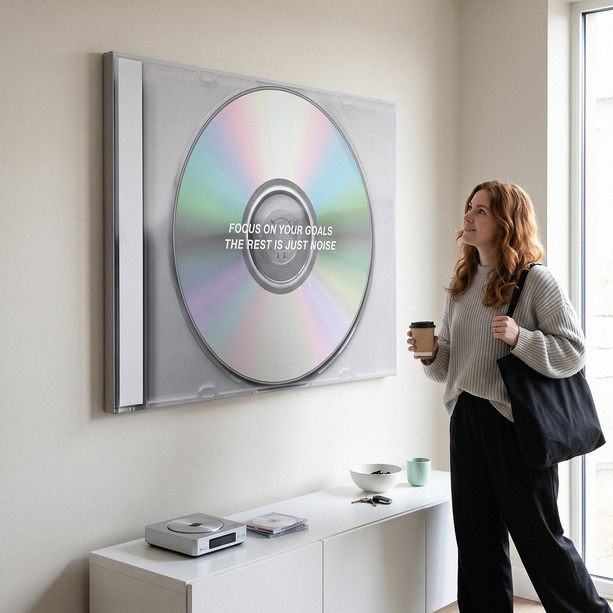 Person working at a desk below the Focus On Your Goals iridescent CD canvas