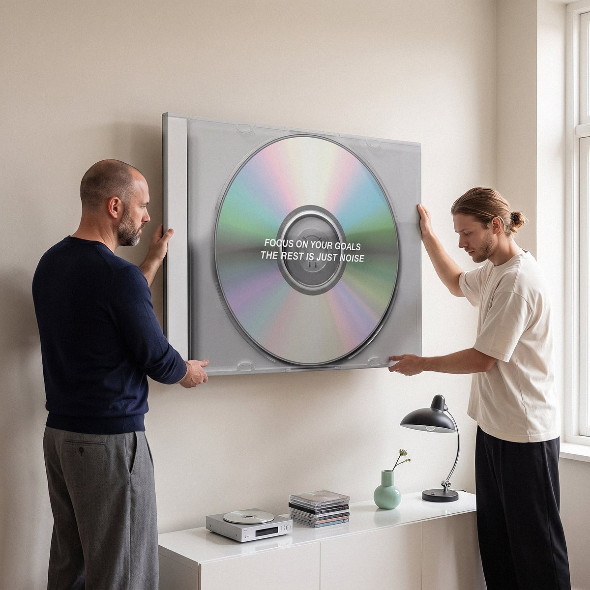 Couple relaxing in a lounge under the Focus On Your Goals iridescent CD canvas