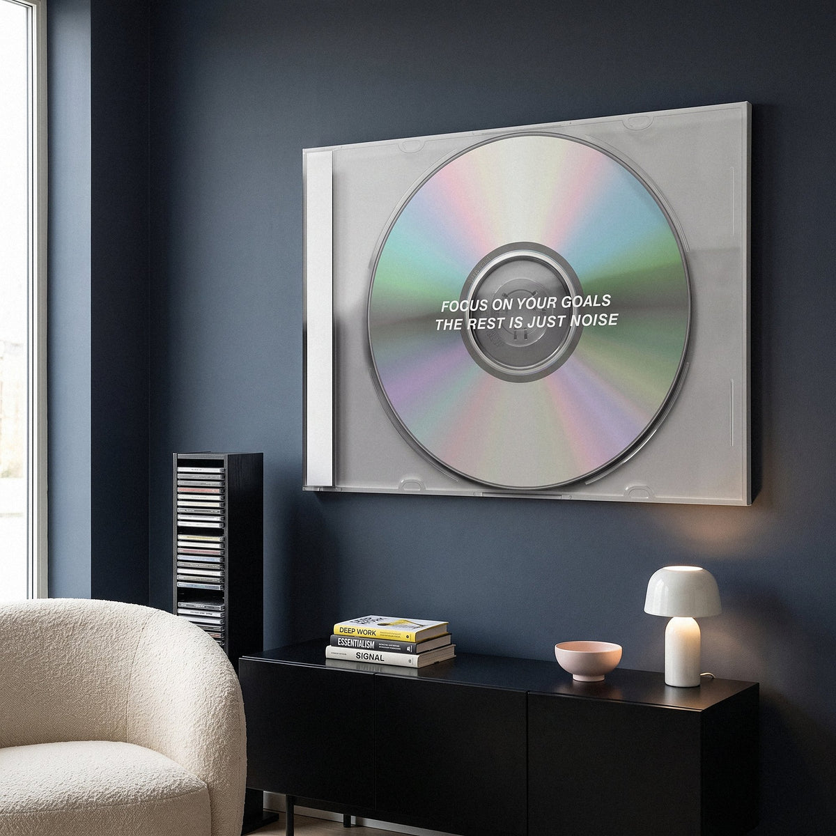 Focus On Your Goals iridescent CD canvas on the wall of a contemporary living room
