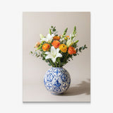 Football Vase canvas wall art, a Delft blue and white soccer ball vase with orange roses and lilies