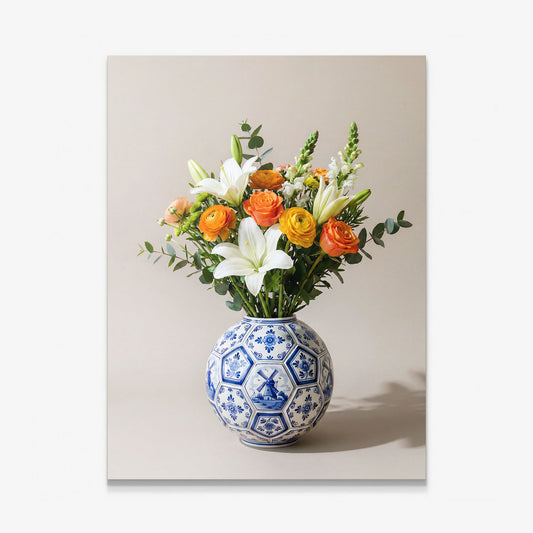 Football Vase canvas wall art, a Delft blue and white soccer ball vase with orange roses and lilies