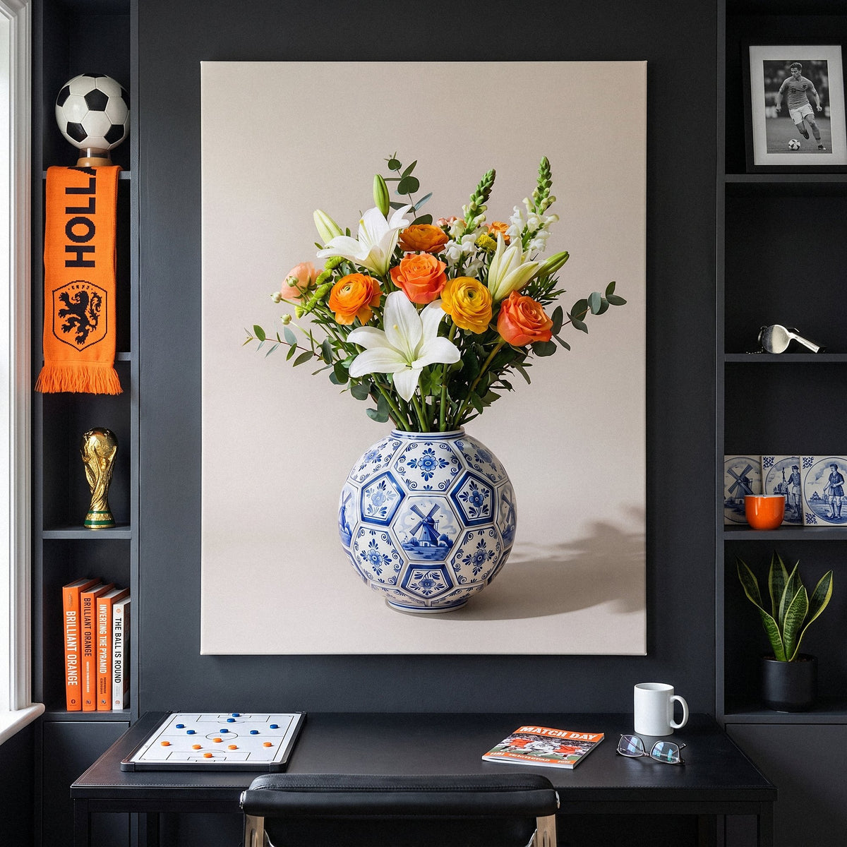 Football Vase canvas between shelves with a Holland scarf, a soccer ball and football books