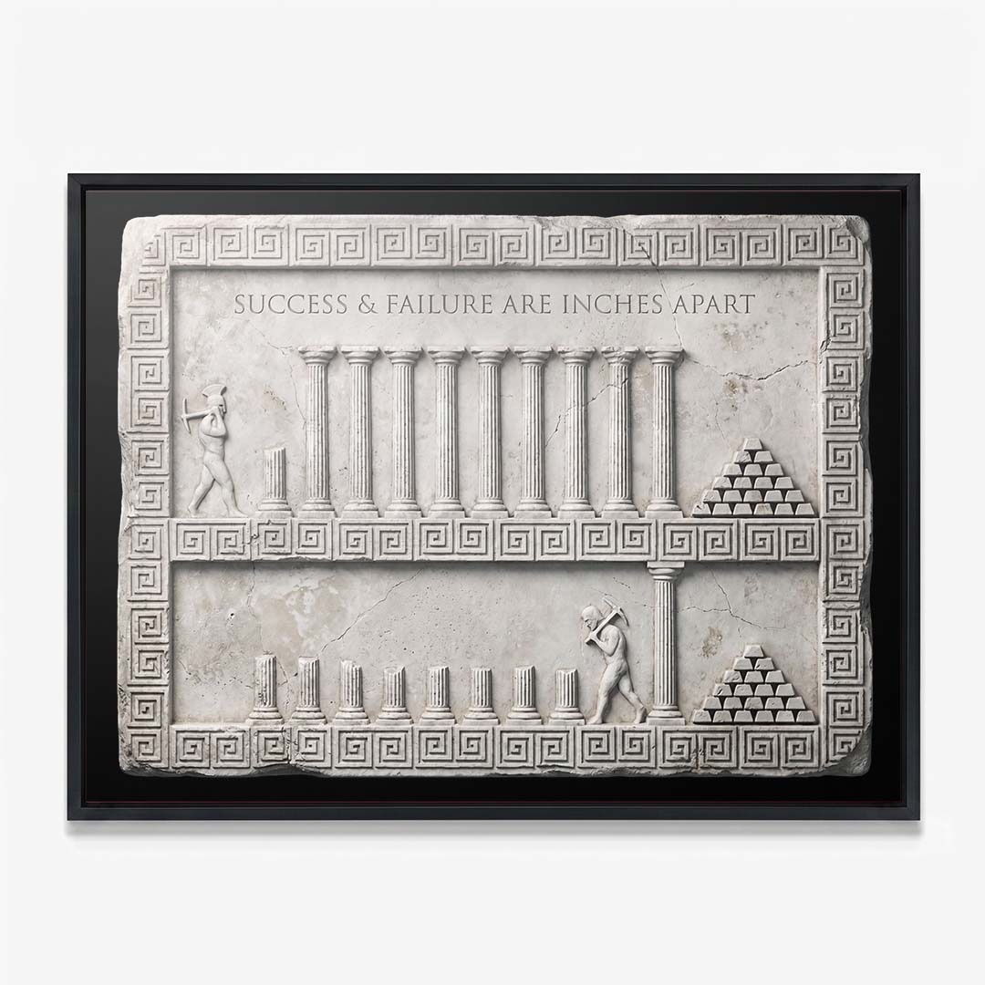 Inches Apart Slab Stoic quote wall art in a black floating frame on a white wall