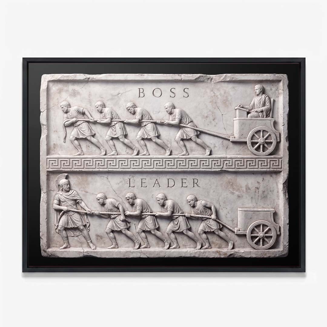 Boss Vs Leader Slab leadership wall art in a black floating frame on a white wall