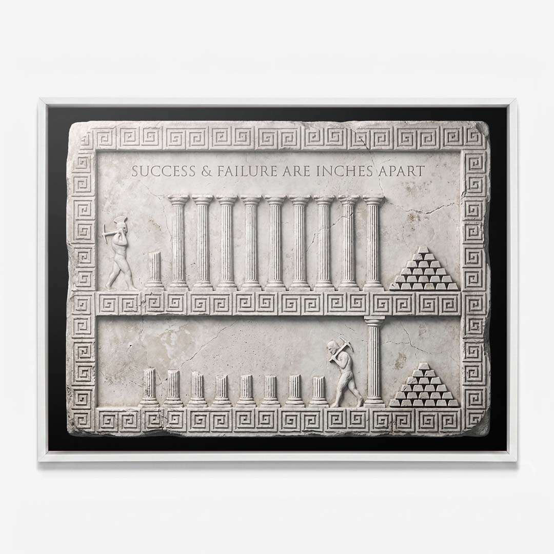 Inches Apart Slab Stoic quote wall art in a white floating frame on a white wall