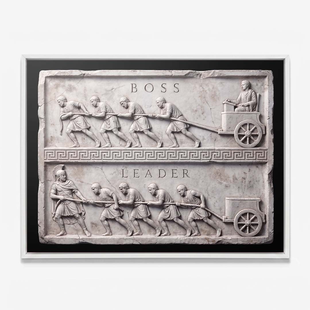 Boss Vs Leader Slab leadership wall art in a white floating frame on a white wall