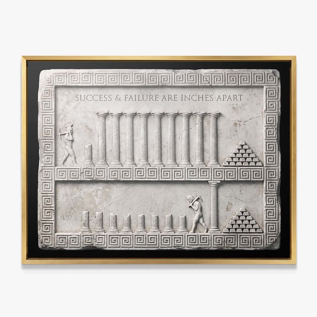 Inches Apart Slab Stoic quote wall art in a gold floating frame on a white wall