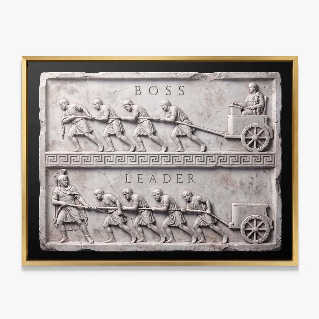 Boss Vs Leader Slab leadership wall art in a gold floating frame on a white wall