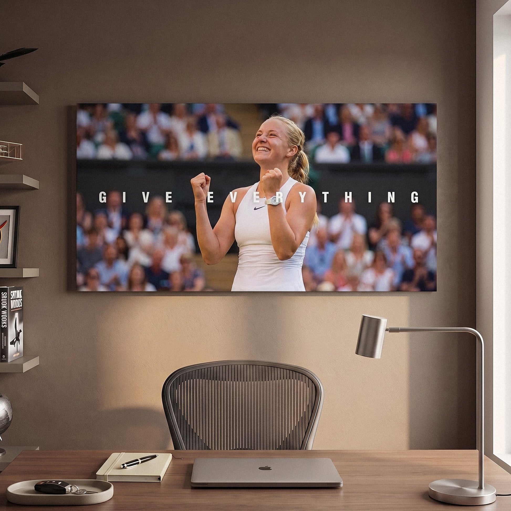 Give Everything tennis wall art canvas above a console table in a bright modern hallway