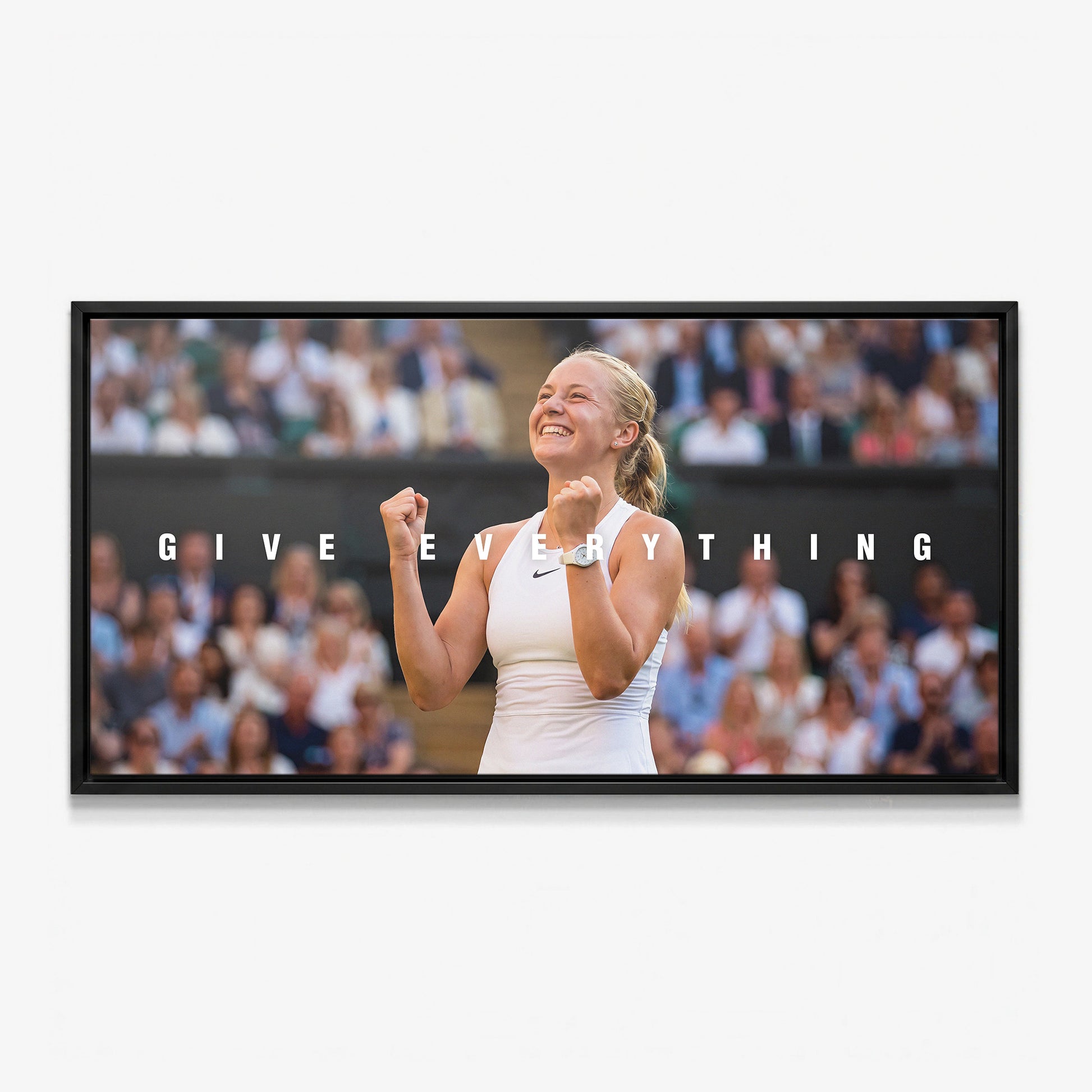 Give Everything tennis canvas print in a black floating frame