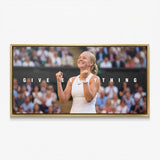 Give Everything tennis canvas print in a gold floating frame