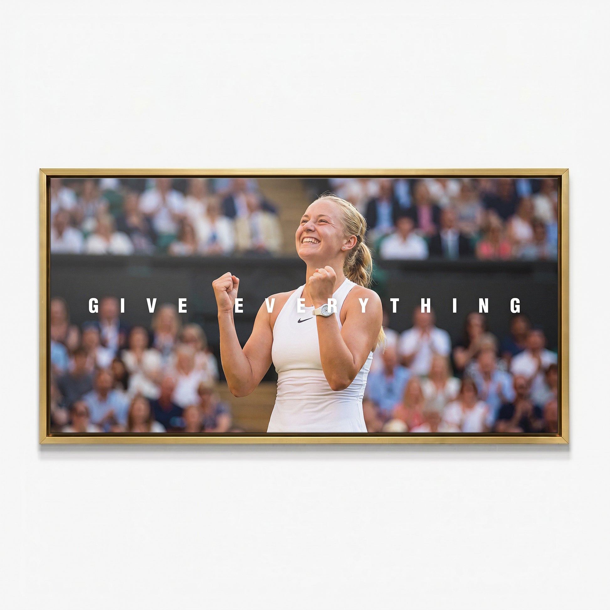 Give Everything tennis canvas print in a gold floating frame