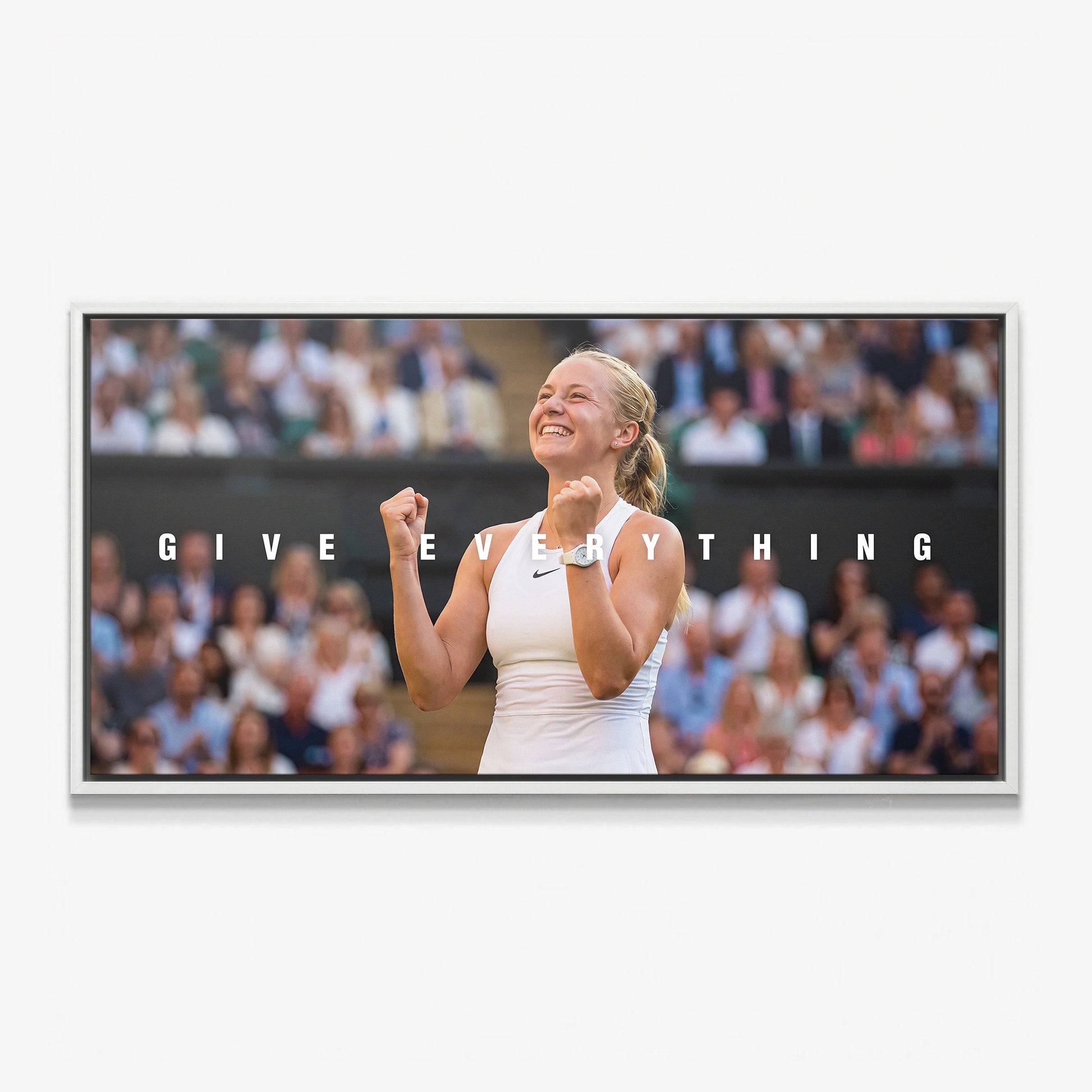 Give Everything tennis canvas print in a white floating frame
