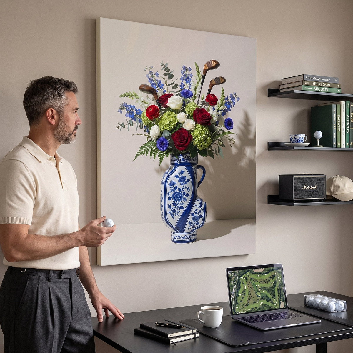 Man in a cream knit polo holding a golf ball and looking at the Golf Vase canvas in his home office