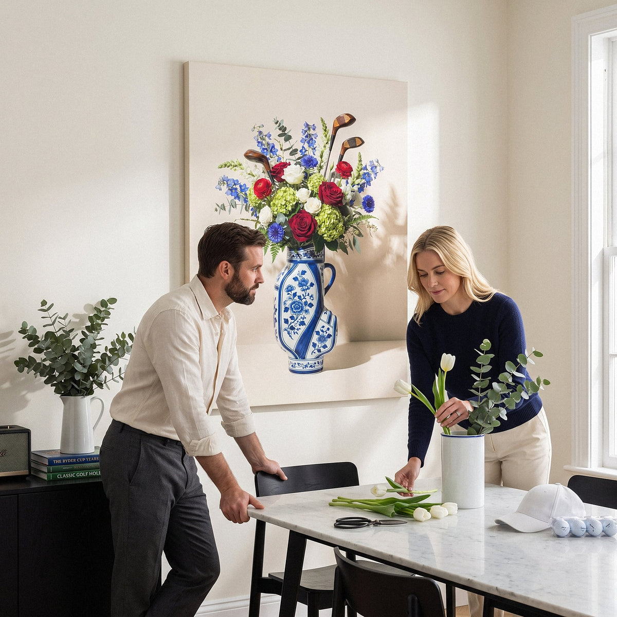 Couple arranging tulips at a dining table under the Golf Vase canvas
