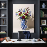 Golf Vase canvas hung between shelves of golf trophies and books in a charcoal study