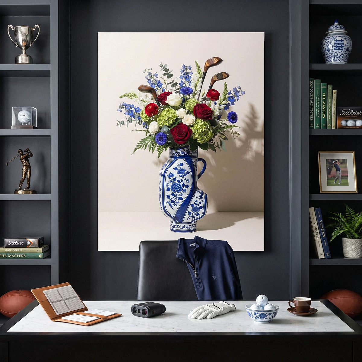 Golf Vase canvas hung between shelves of golf trophies and books in a charcoal study