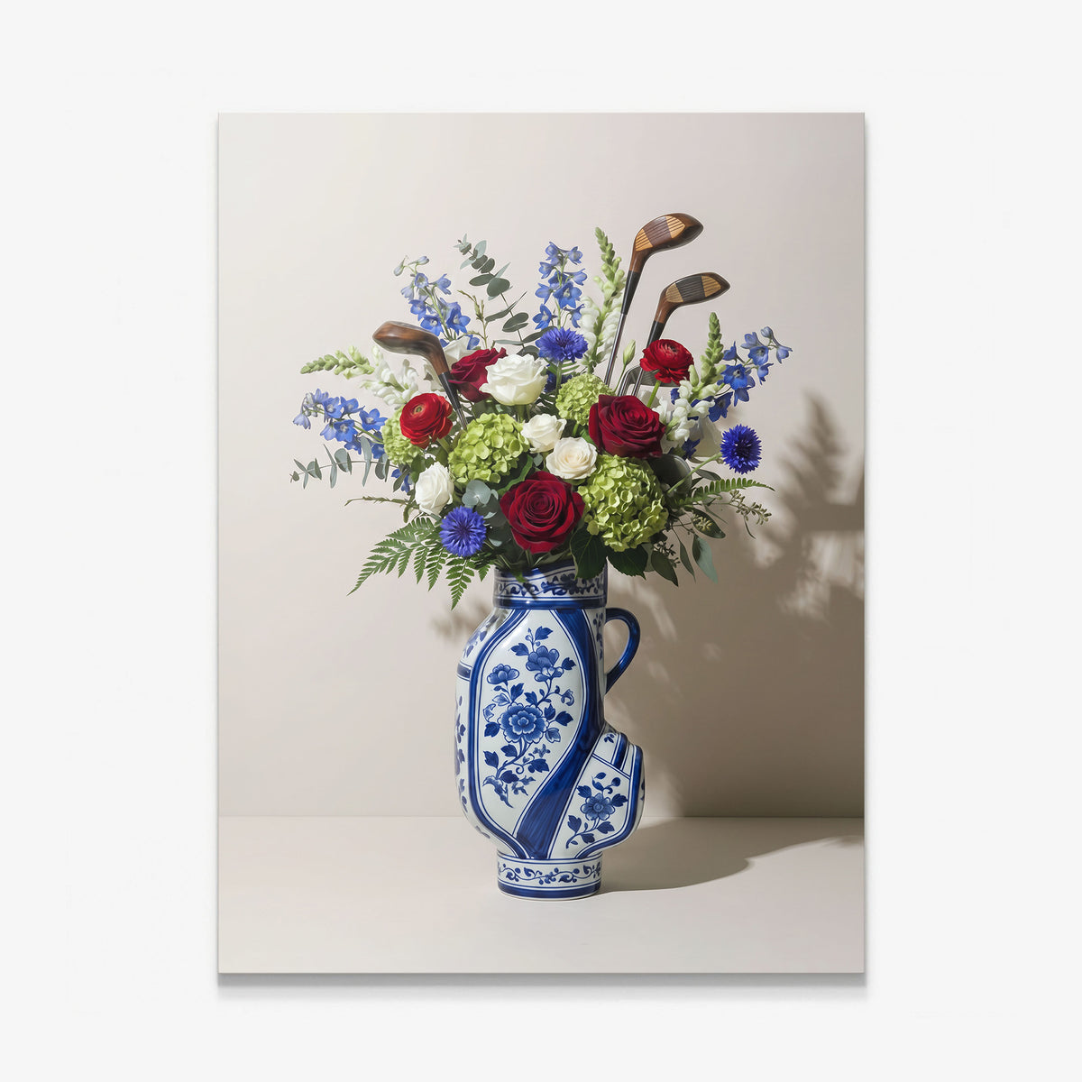 Golf Vase canvas wall art, a blue and white porcelain golf bag vase with red roses and vintage golf clubs