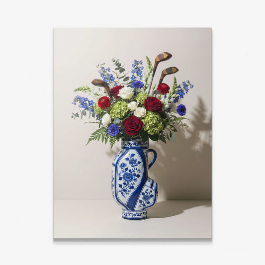 Golf Vase canvas wall art, a blue and white porcelain golf bag vase with red roses and vintage golf clubs