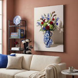 Golf Vase canvas above a cream sofa in a terracotta living room with a golf bag by the shelves
