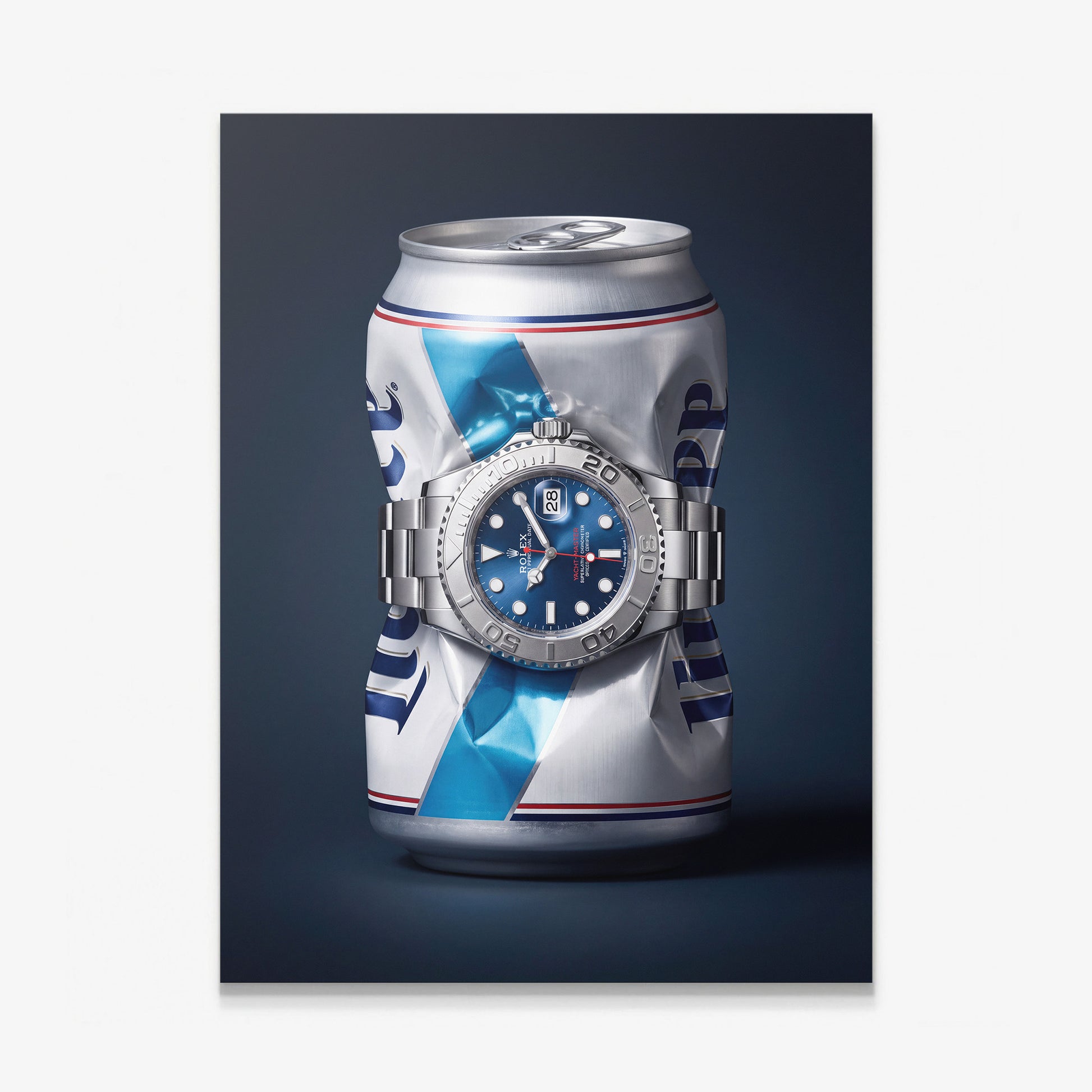 Good Provenance crushed white and blue beer can with a blue dial platinum bezel watch canvas wall art