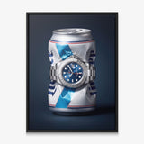 Good Provenance crushed white and blue beer can with a blue dial platinum bezel watch canvas wall art in a black floating frame