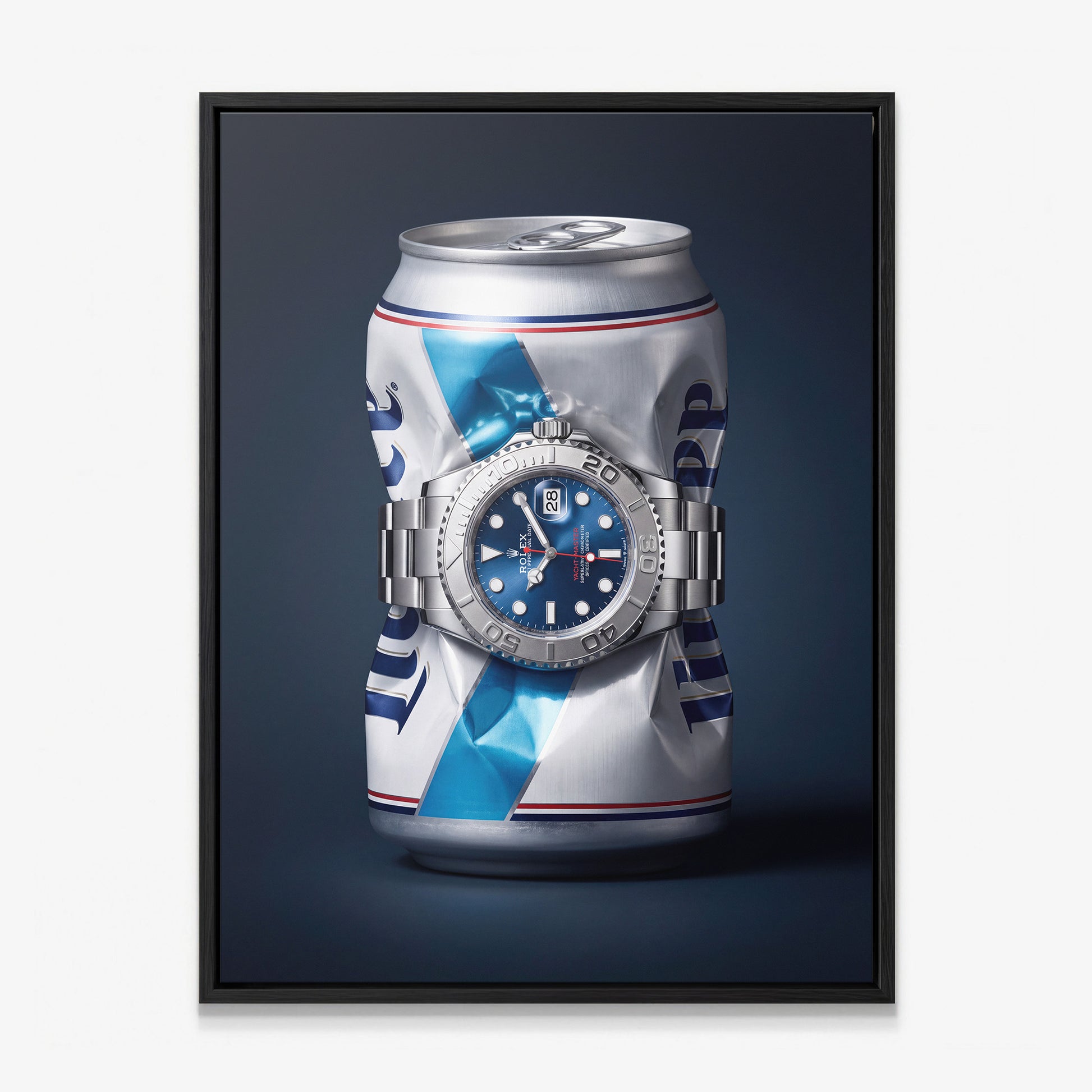 Good Provenance crushed white and blue beer can with a blue dial platinum bezel watch canvas wall art in a black floating frame