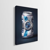 Good Provenance crushed white and blue beer can with a blue dial platinum bezel watch canvas wall art side profile showing the gallery wrapped edge