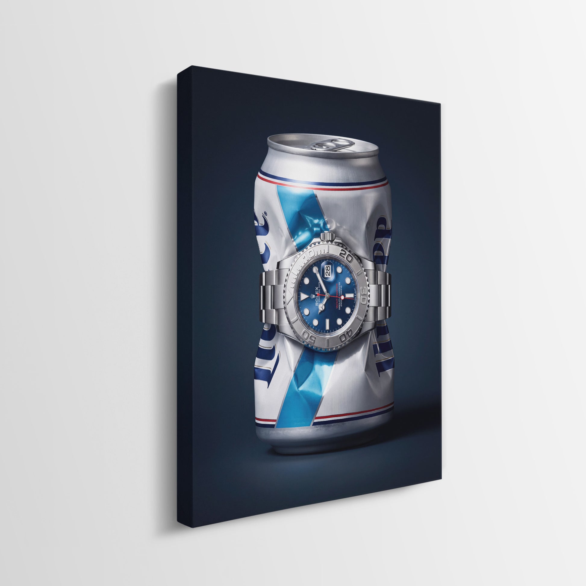 Good Provenance crushed white and blue beer can with a blue dial platinum bezel watch canvas wall art side profile showing the gallery wrapped edge