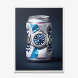 Good Provenance crushed white and blue beer can with a blue dial platinum bezel watch canvas wall art in a white floating frame