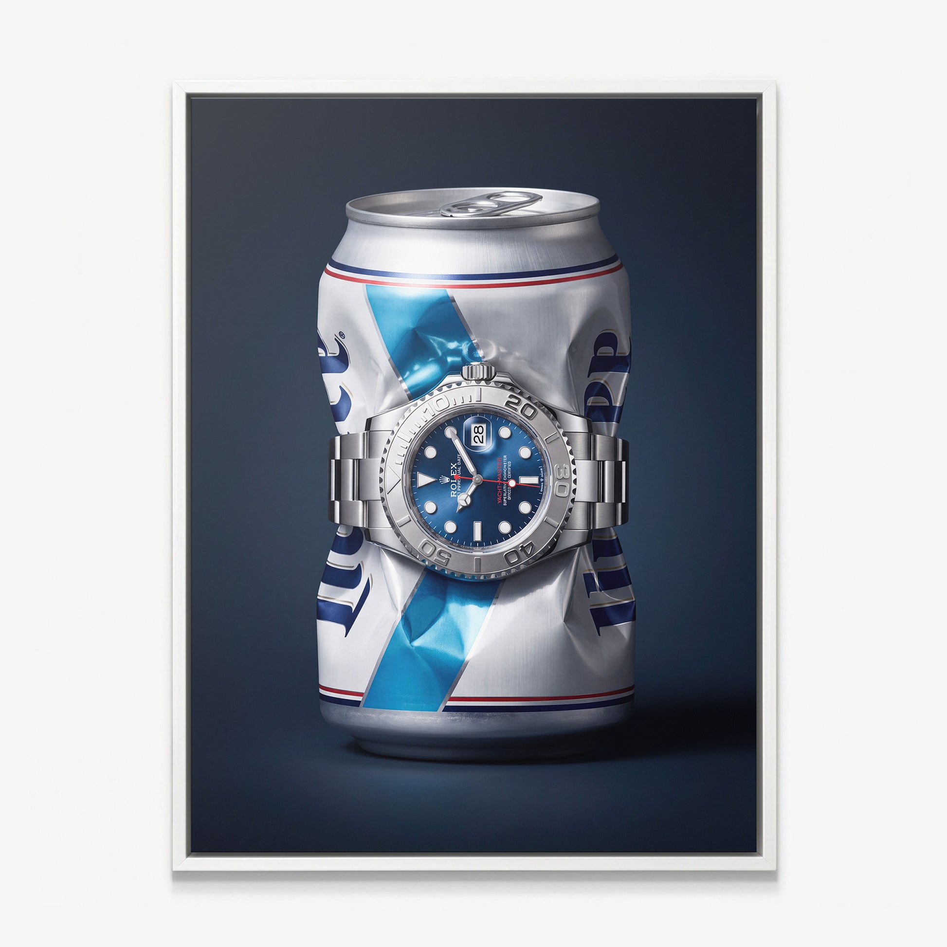 Good Provenance crushed white and blue beer can with a blue dial platinum bezel watch canvas wall art in a white floating frame