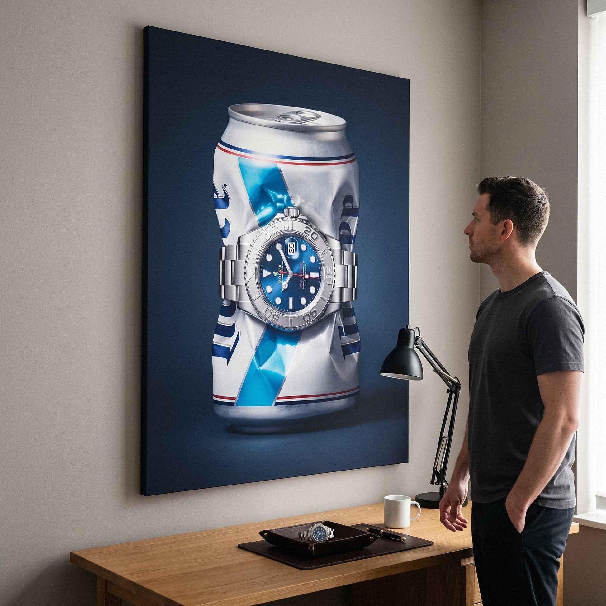 Good Provenance crushed white and blue beer can with a blue dial platinum bezel watch canvas wall art in a home interior with a person viewing it