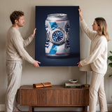 Good Provenance crushed white and blue beer can with a blue dial platinum bezel watch canvas wall art on a wall with two people beside it