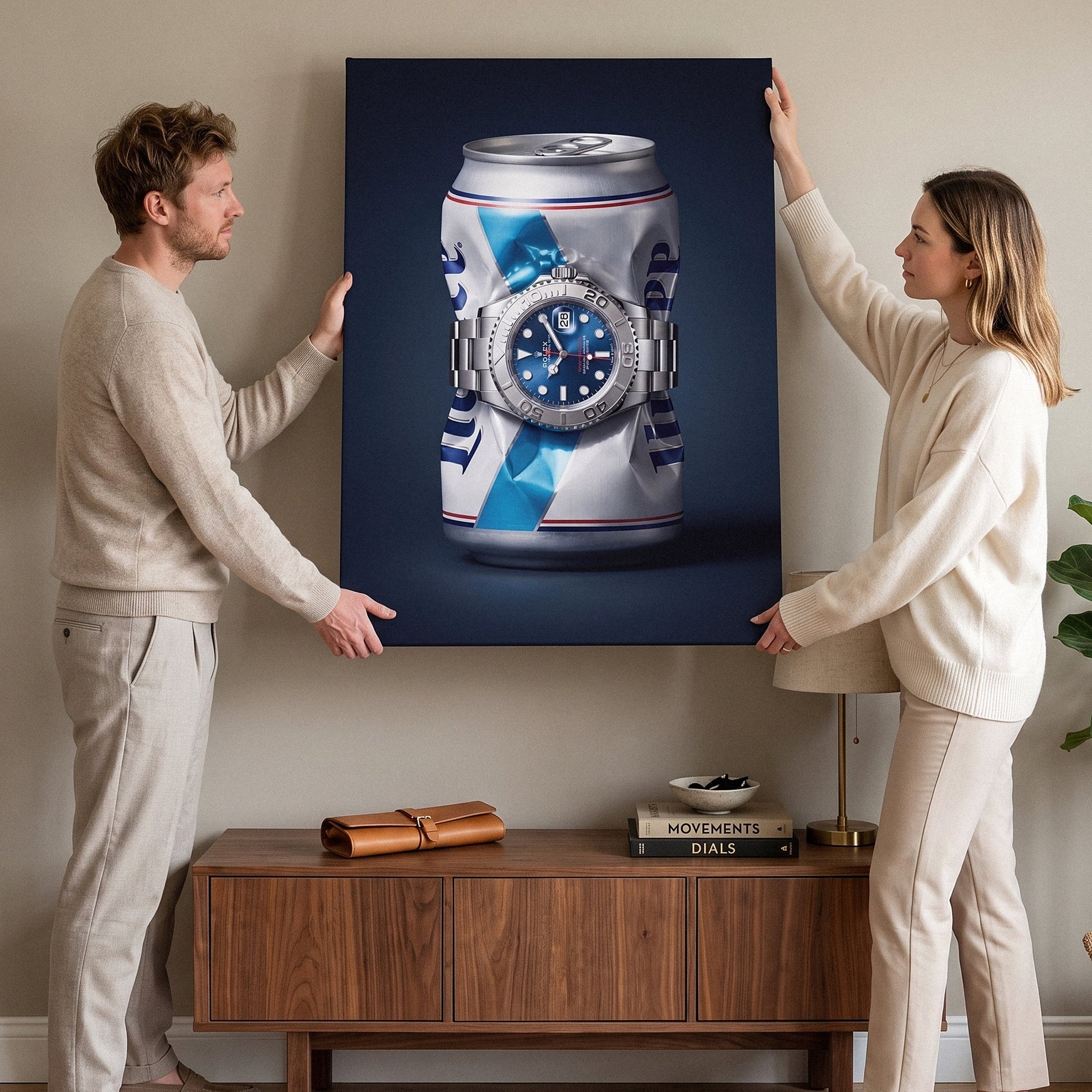 Good Provenance crushed white and blue beer can with a blue dial platinum bezel watch canvas wall art on a wall with two people beside it