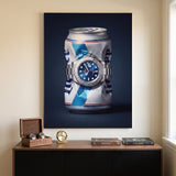 Good Provenance crushed white and blue beer can with a blue dial platinum bezel watch canvas wall art hanging in a styled home interior