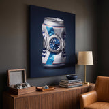 Good Provenance crushed white and blue beer can with a blue dial platinum bezel watch canvas wall art seen from the side on a styled wall
