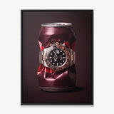 Good Vintage crushed burgundy root beer can with a rose gold watch canvas wall art in a black floating frame
