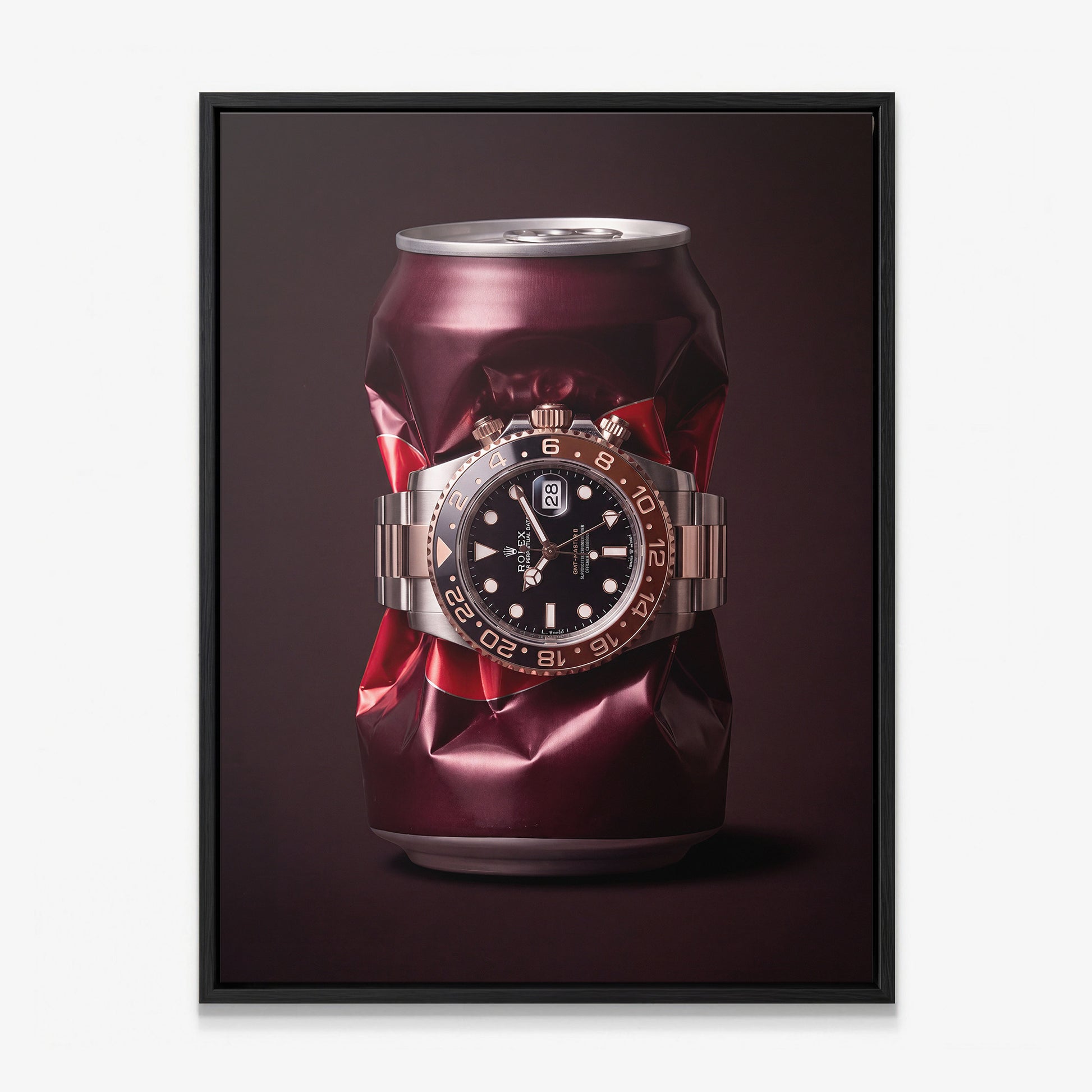 Good Vintage crushed burgundy root beer can with a rose gold watch canvas wall art in a black floating frame