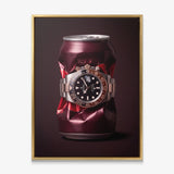 Good Vintage crushed burgundy root beer can with a rose gold watch canvas wall art in a gold floating frame