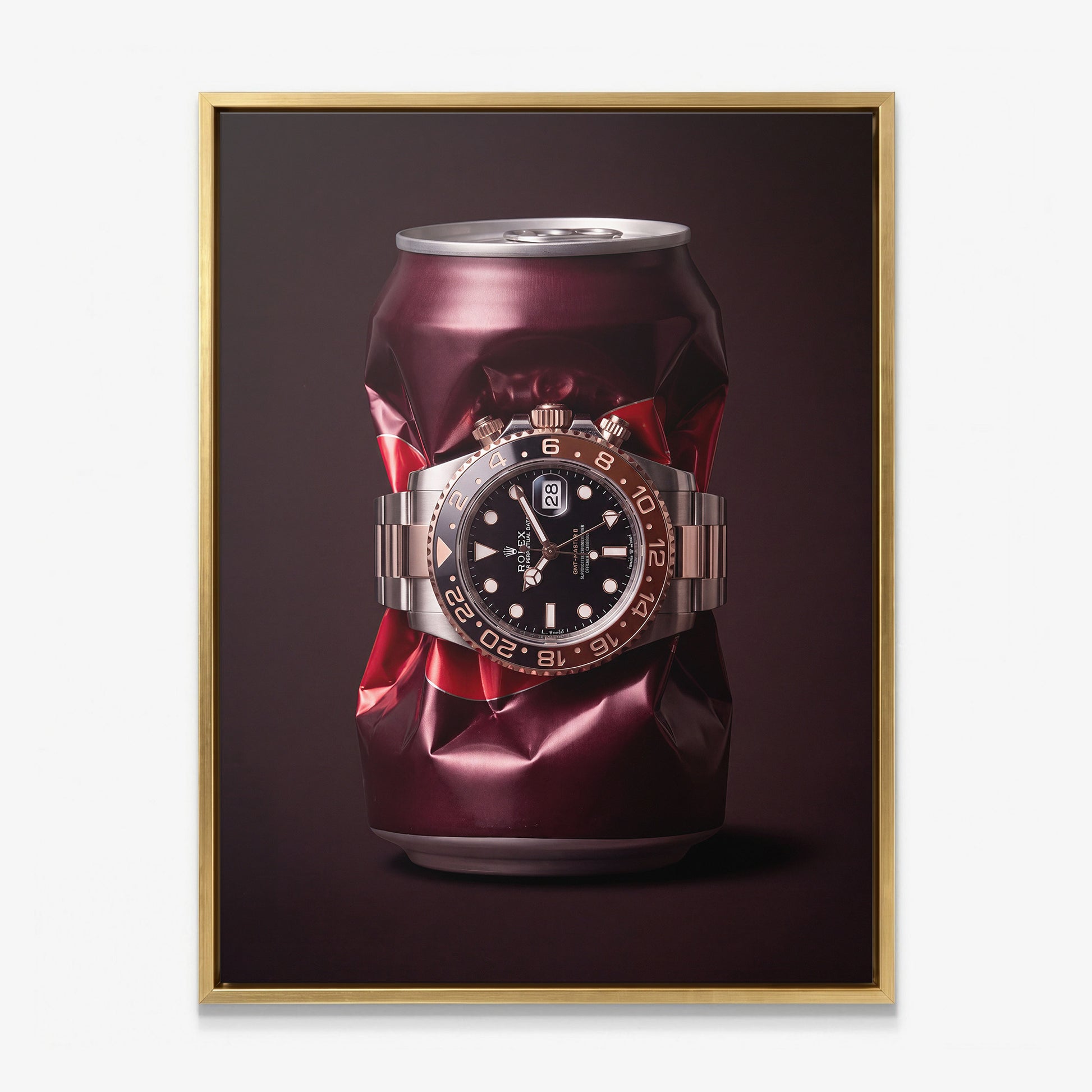 Good Vintage crushed burgundy root beer can with a rose gold watch canvas wall art in a gold floating frame