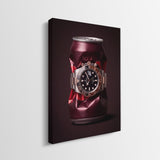 Good Vintage crushed burgundy root beer can with a rose gold watch canvas wall art side profile showing the gallery wrapped edge