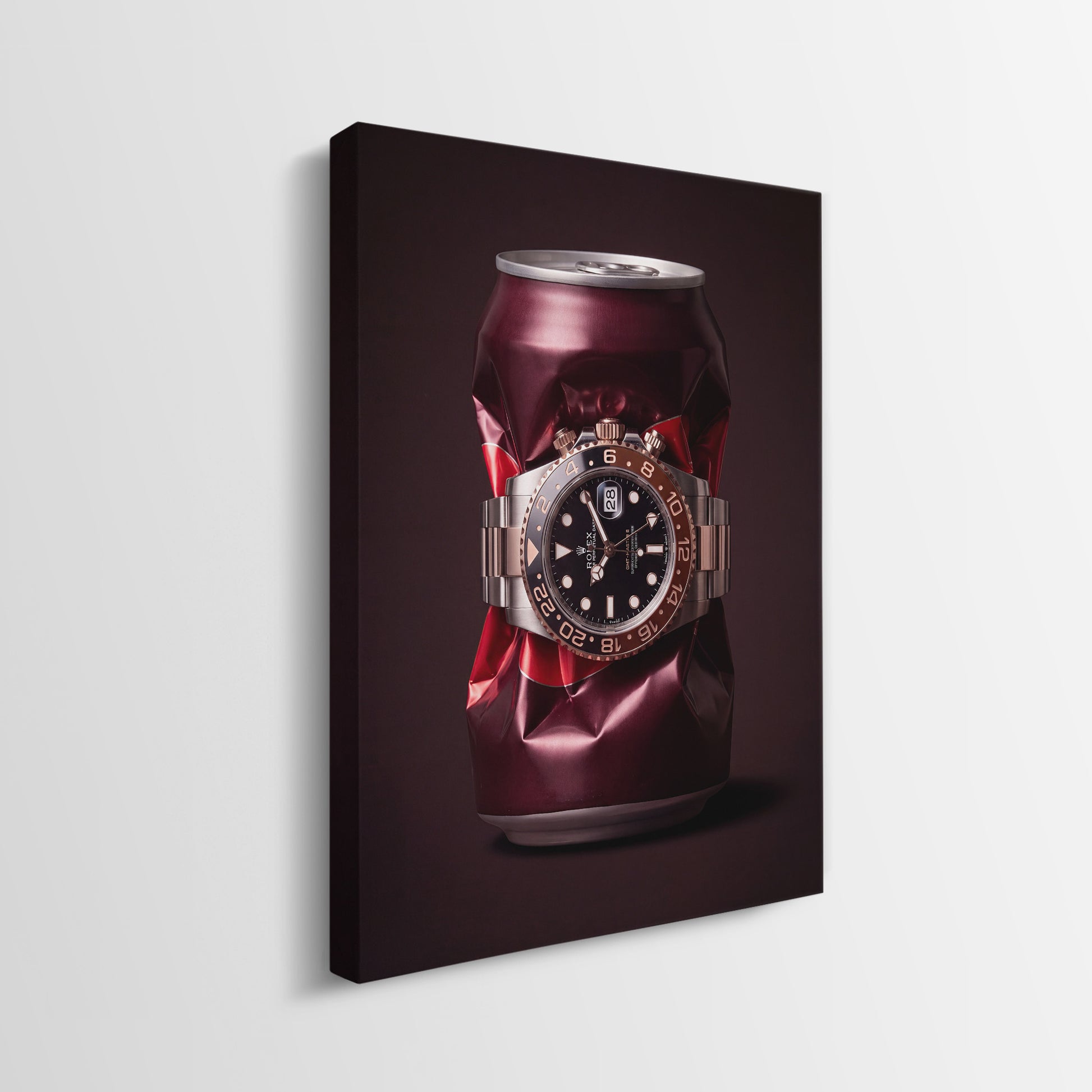 Good Vintage crushed burgundy root beer can with a rose gold watch canvas wall art side profile showing the gallery wrapped edge