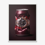 Good Vintage crushed burgundy root beer can with a rose gold watch canvas wall art in a white floating frame