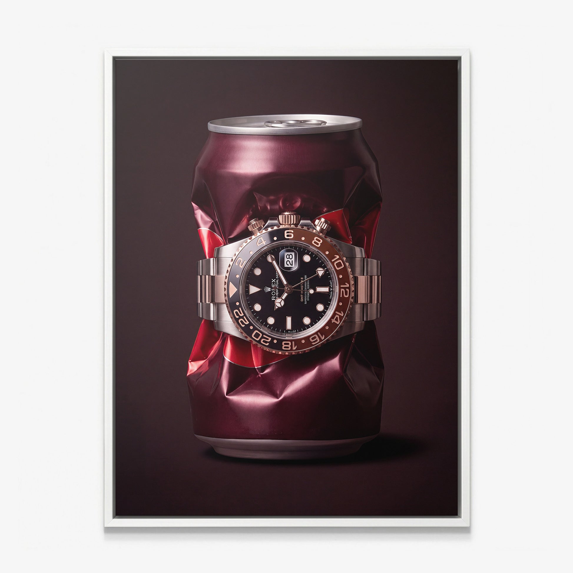 Good Vintage crushed burgundy root beer can with a rose gold watch canvas wall art in a white floating frame