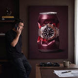 Good Vintage crushed burgundy root beer can with a rose gold watch canvas wall art in a home interior with a person viewing it