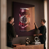 Good Vintage crushed burgundy root beer can with a rose gold watch canvas wall art on a wall with two people beside it