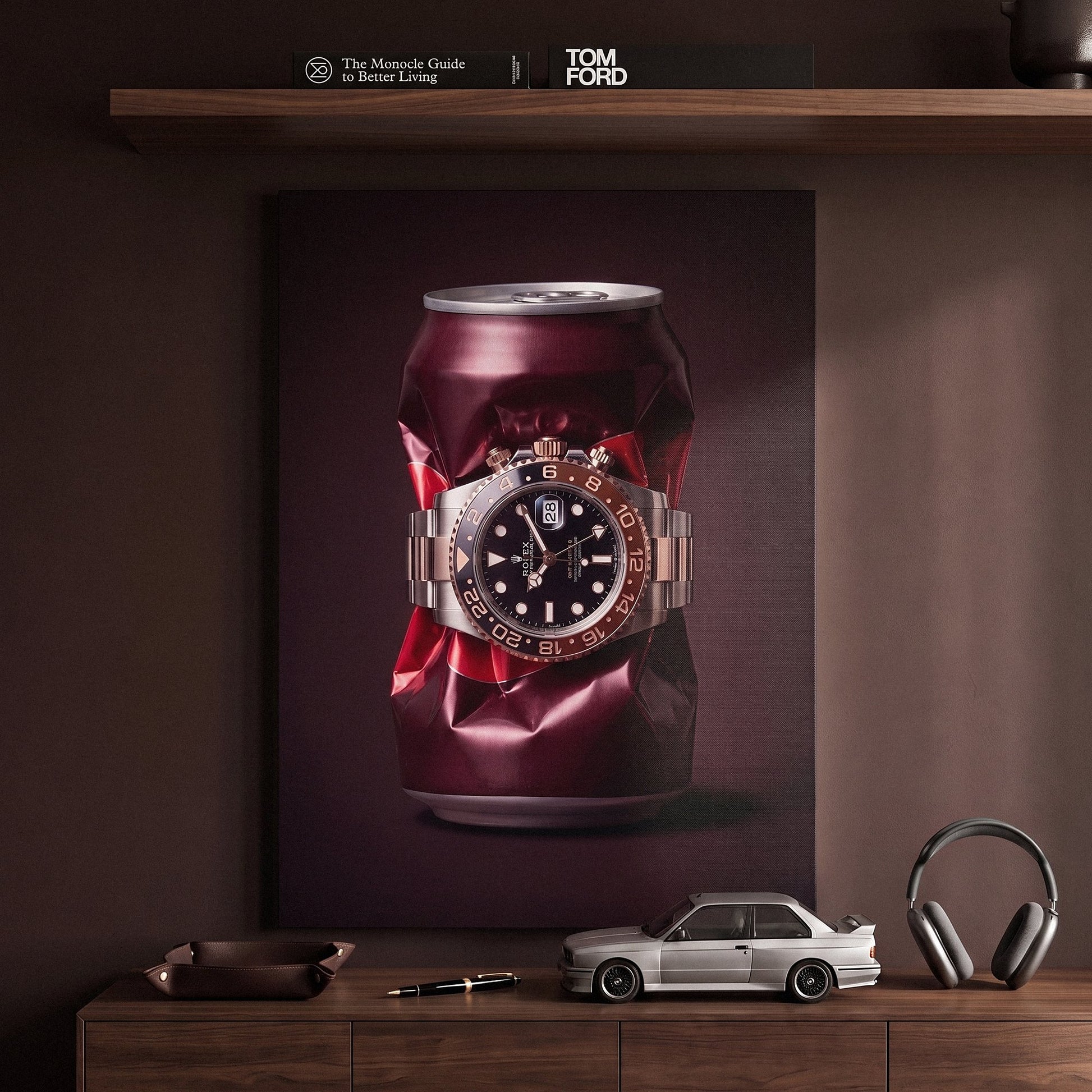 Good Vintage crushed burgundy root beer can with a rose gold watch canvas wall art hanging in a styled home interior