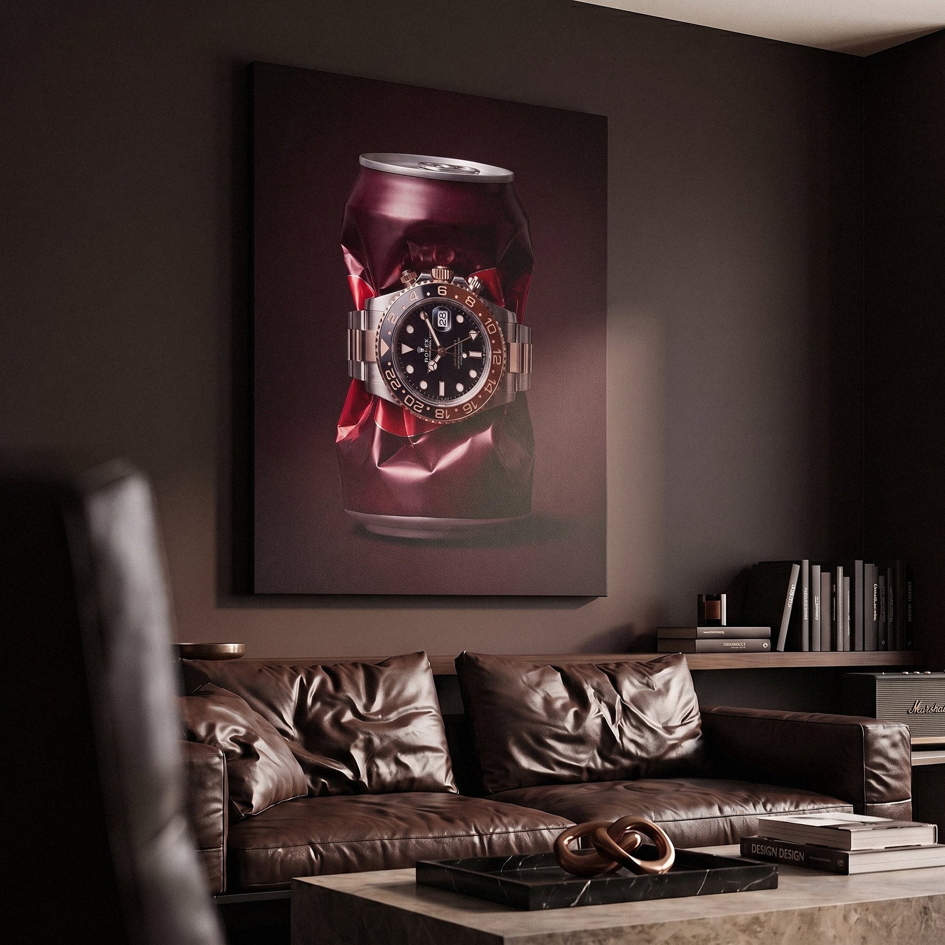 Good Vintage crushed burgundy root beer can with a rose gold watch canvas wall art seen from the side on a styled wall
