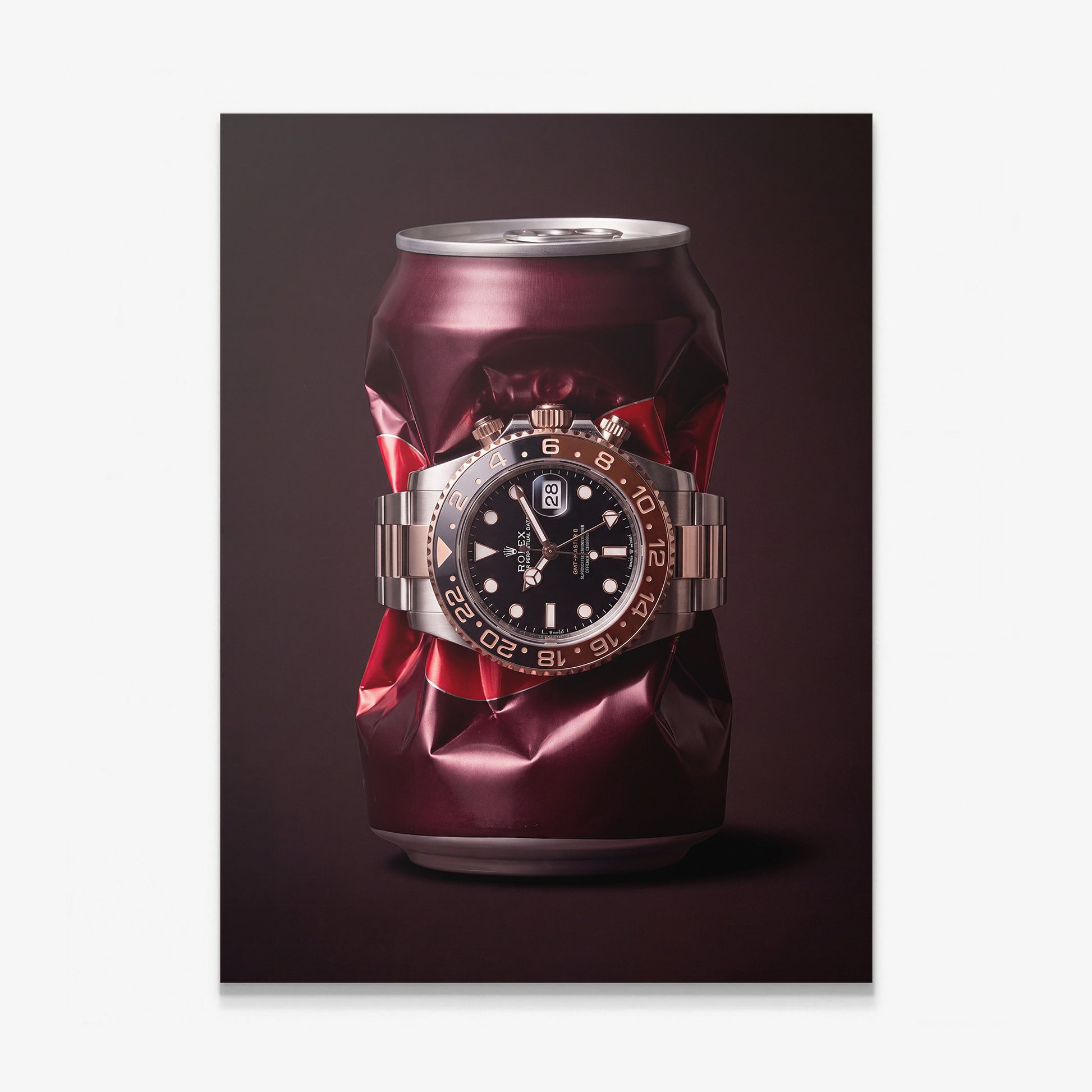 Good Vintage crushed burgundy root beer can with a rose gold watch canvas wall art